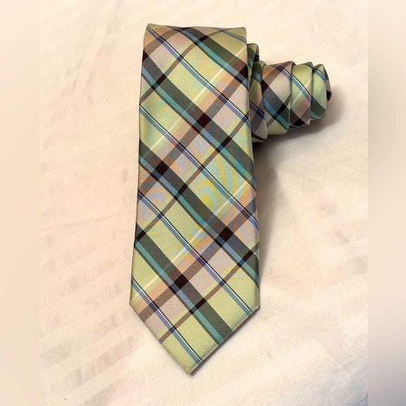Express Brand Necktie Tie Repp Silk Pastel Plaid Green Blue Pink Mens - Picture 4 of 13